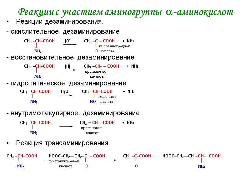 Реакции с участием аминогруппы -аминокислот Реакции дезаминирования. - окислительное дезаминирование - Реакции с участием аминогруппы -аминокислот Реакции дезаминирования. - окислительное дезаминирование -